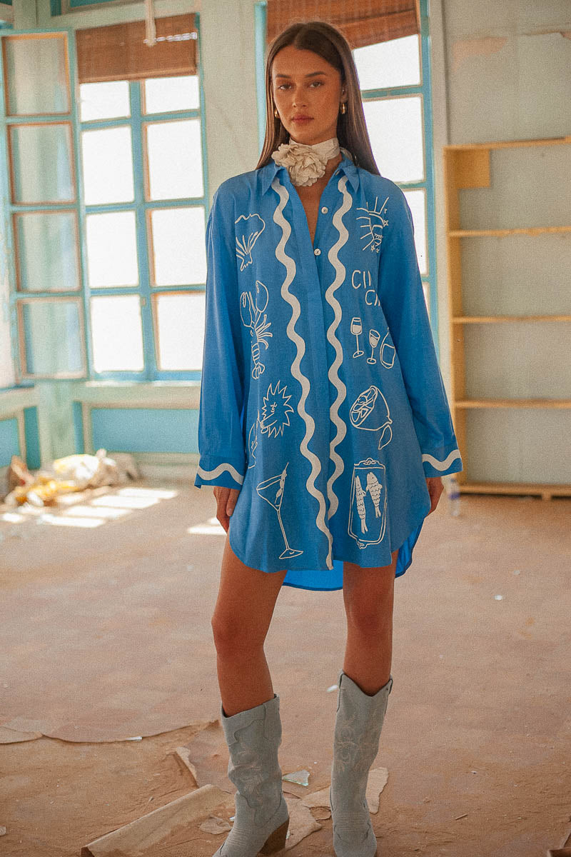 Wine Club Long Sleeve Shirt Dress - Blue