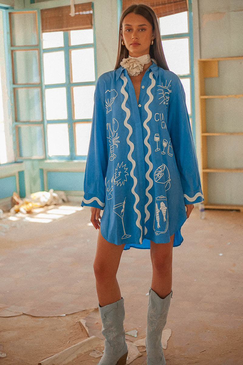 Wine Club Long Sleeve Shirt Dress - Blue